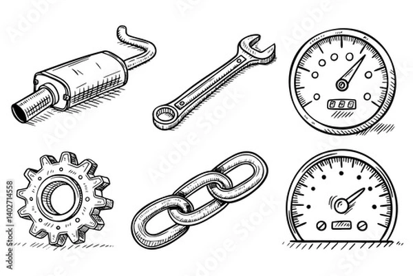 Obraz A set of drawings of car parts and a speedometer