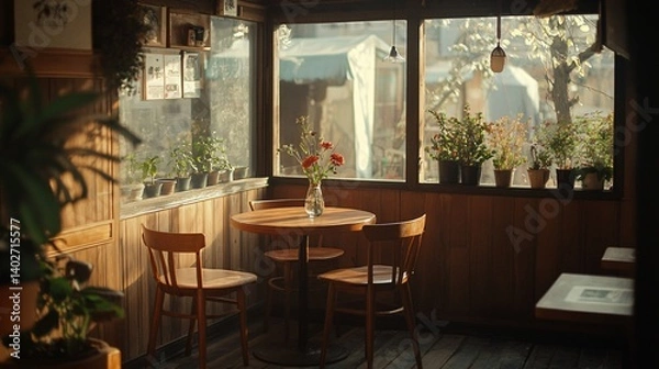 Fototapeta A cozy wooden cafe interior with a small table and chairs
