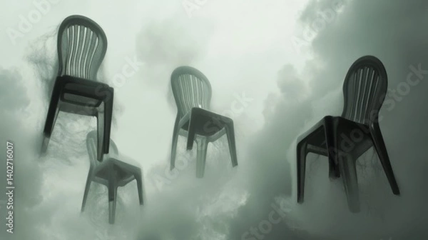Fototapeta Four chairs floating in dreamy cloudy background symbolizing surrealism escape and ethereal concepts