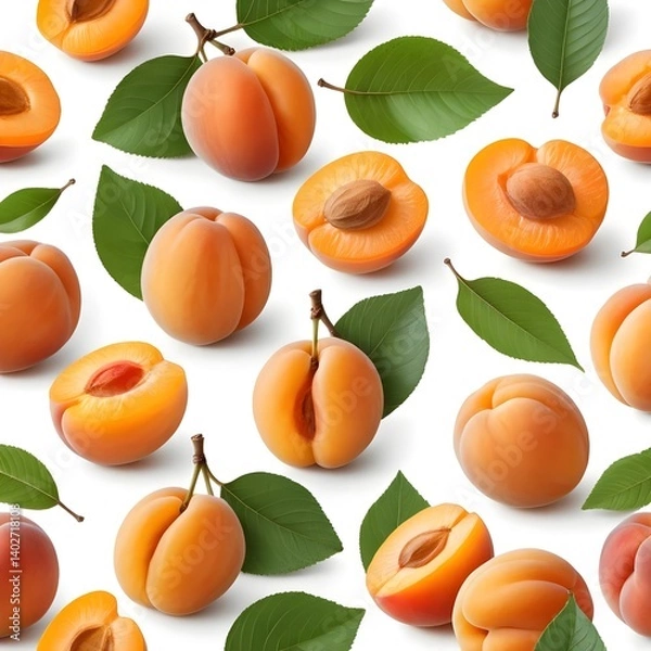 Fototapeta Fresh Apricots with Leaves Seamless Pattern
