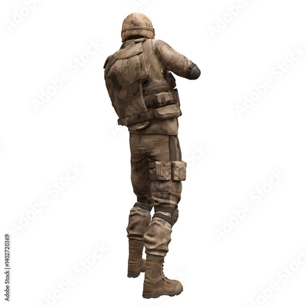 Fototapeta Soldier with a machine gun isolated white background 3d illustration