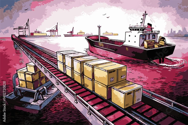 Obraz Shipyard operations with ship loading and unloading scenes, Cargo Ship Delivering Goods at Vibrant Port with Shipping Containers in EPS and vector formats.