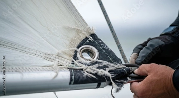 Fototapeta Sailing gear maintenance: close-up of worn sail with frayed edges and metal eyelet