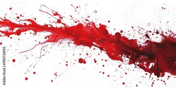 Fototapeta Red colored paint splatters dramatically across a white background surface