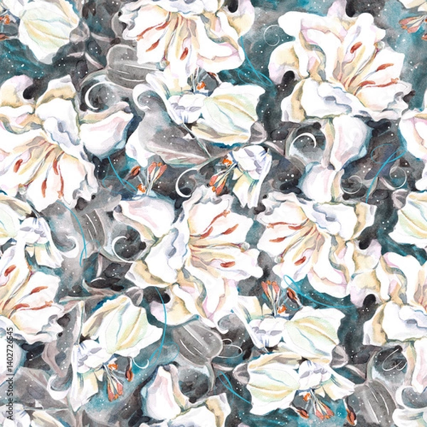 Obraz seamless pattern with watercolor white lilly flowers