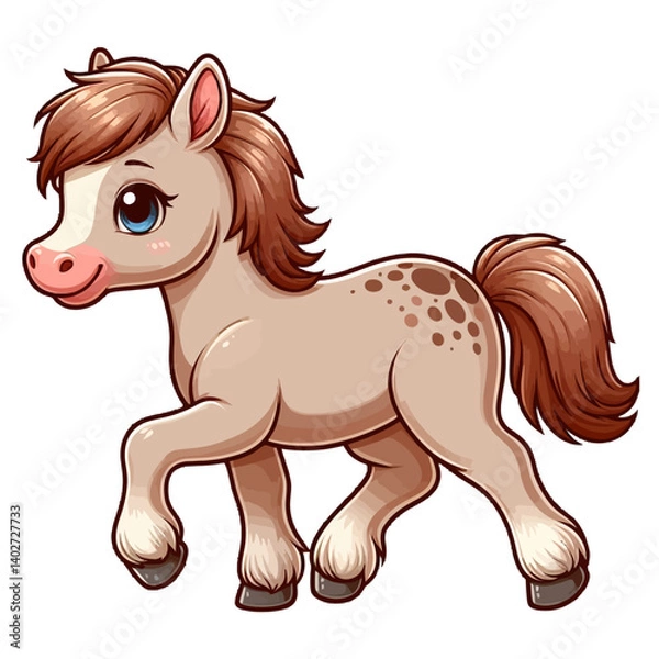 Obraz Charming cartoon illustration of a cute pony with big, adorable blue eyes, a flowing brown and pink mane and tail, and a gentle expression, taking a step. Represents adorable animals, fantasy creature