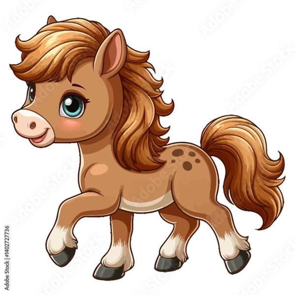 Obraz Charming cartoon illustration of a cute pony with big, adorable blue eyes, a flowing brown and pink mane and tail, and a gentle expression, taking a step. Represents adorable animals, fantasy creature