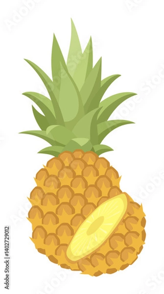 Fototapeta Vector isolated whole pineapple with half pineapple