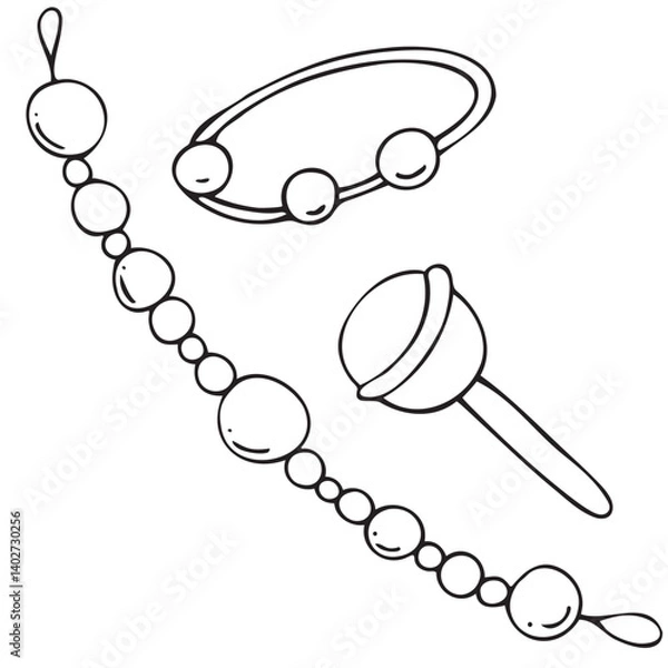 Fototapeta rattles for small children in a stroller, crib, children s toy, cute children s black and white vector coloring, line art, outline