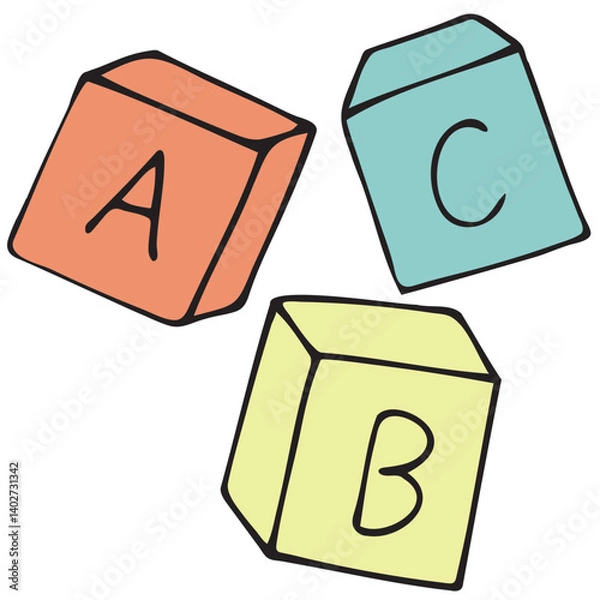 Fototapeta children s educational cubes for playing with the alphabet abc, vector cute colored children s element in doodle style with black outline, delicate colors
