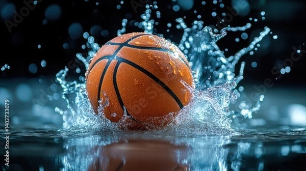 Fototapeta Wet basketball splashing in dark studio