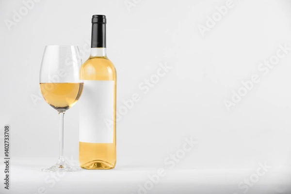 Fototapeta Tasty wine in glass and bottle on white background, space for text