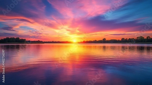 Fototapeta sunset over vibrant lake with colorful sky and reflecting water showing dynamic boat trail offering a serene outdoor adventure experience for travel lovers and nature enthusiasts