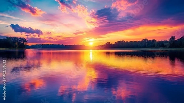 Fototapeta sunset over vibrant lake with colorful sky and reflecting water showing dynamic boat trail offering a serene outdoor adventure experience for travel lovers and nature enthusiasts