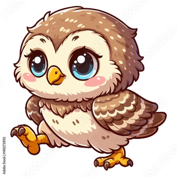 Fototapeta Charming cartoon illustration of a cute baby owl with big, adorable blue eyes, brown and white feathers, and a curious expression, taking a step. Represents adorable animals, nocturnal wildlife