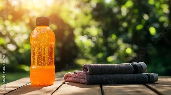 Fototapeta orange water bottle placed on wooden table with folded towel under bright sunlight symbolizing outdoor hydration concept fitness energy and colorful wellness on a warm sunny day