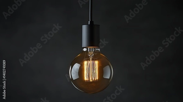 Fototapeta warm glowing vintage bulb suspended from black socket against dark backdrop offering cozy ambiance and retro design inspiration for stylish interiors and lighting concepts