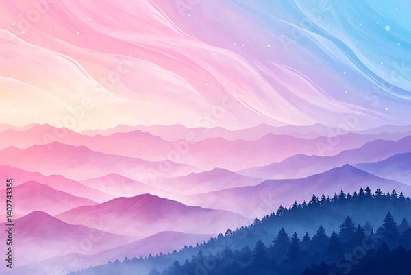 Fototapeta Pastel Mountainscape with a Dreamy, Colorful Sky