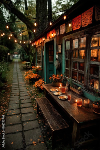 Fototapeta Maison décorée pour Cinco de Mayo avec guirlandes colorées, repas mexicain et guirlandes lumineuses dans une allée fleurie