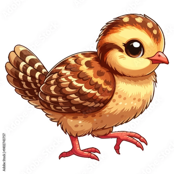 Obraz Charming cartoon illustration of a cute brown quail chick with big, adorable eyes and speckled feathers, taking a step. Represents adorable animals, baby birds, and children's themes.