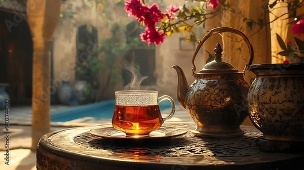 Fototapeta a cup of warm tea enjoyed on a peaceful ramadan evening with beautiful ambiance offering relaxation reflection and cultural tradition in a serene spiritual setting
