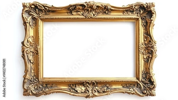 Fototapeta Ornate gold frame, isolated, white background, mockup, design (1)