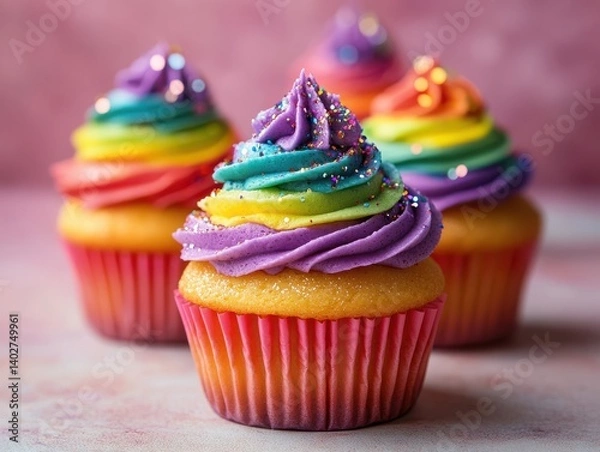 Obraz Bright and cheerful rainbow cupcakes topped with multicolored swirled frosting and sprinkles, perfect for parties and celebrations.
