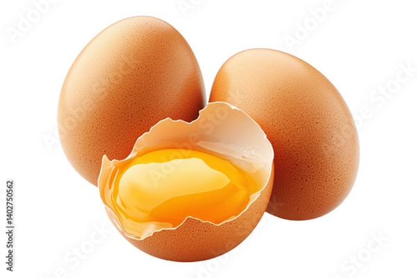 Fototapeta Whole brown eggs and cracked egg with yolk spilling out eggshell, isolated on white transparent background. Concept of Easter, food, fertility, and organic nutrition