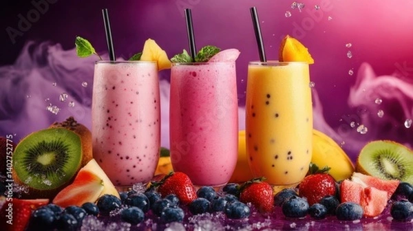 Obraz Fresh fruit smoothies. AI generated.