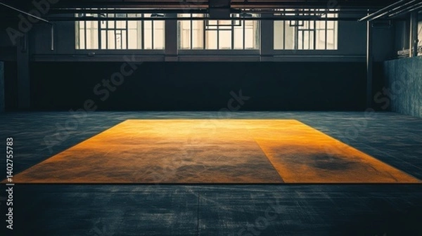 Obraz full shot on a photo of a wrestling mat in an empty gym in low light with space for text. concept sport, wrestling, gym, competition.