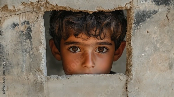 Fototapeta resilient young refugee boy looking through a fence with eyes full of hope and emotion capturing the silent struggle for survival and the humanity within the migrant journey