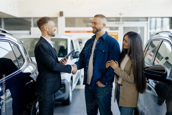 Fototapeta Friendly salesman shaking hands with a smiling couple inside a bright, modern car dealership center, cars visible around them. Happy young family buying new vehicle in auto salon