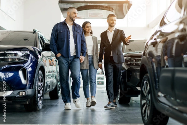Fototapeta Smiling car salesman showing vehicles to a cheerful couple, buyers family and salon manager walking together inside spacious dealership showroom, considering options