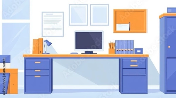 Fototapeta Modern Office Workspace Design with Computer, Desk, Storage, Lamp, and Bright Color Palette