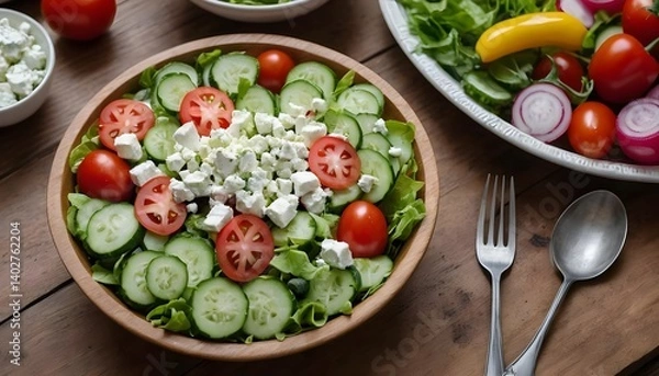 Obraz Fresh Greek Salad in Wooden Bowl