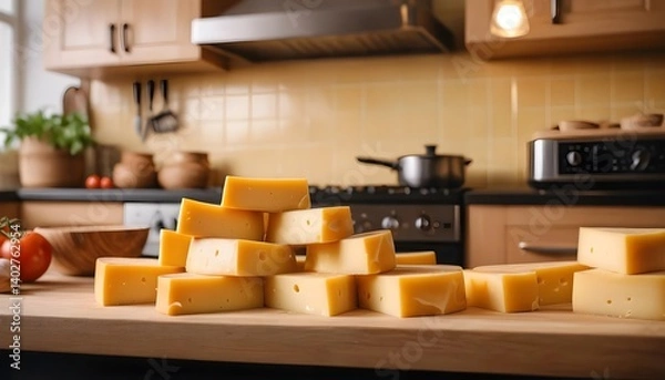 Obraz Stack of Cheese Blocks in Kitchen Setting