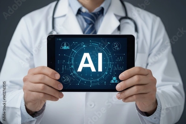 Fototapeta Close-up of doctor's hands holding a tablet with AI medical data, clean background, realistic style