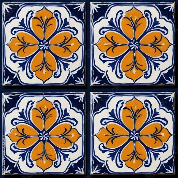Fototapeta Ornate Orange and Blue Tile Pattern