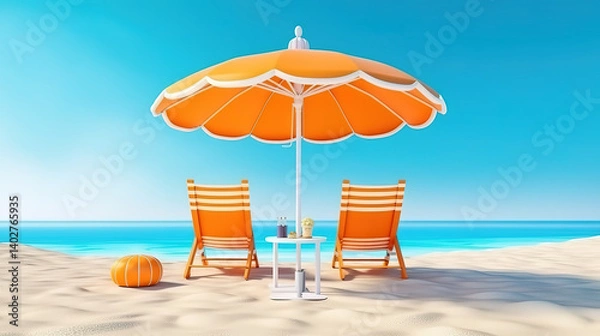 Fototapeta Relaxing Beach Scene with Umbrella, Chairs, and Inflatable Ring on Sand