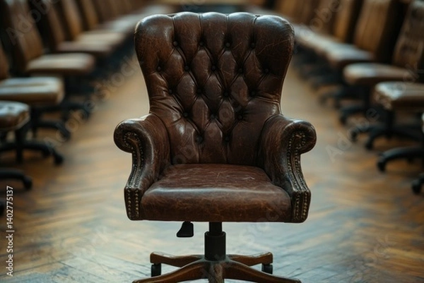 Fototapeta An old brown leather office chair with an elegant and detailed buttoned back, sitting in the middle of rows of other chairs in front of wooden floors.