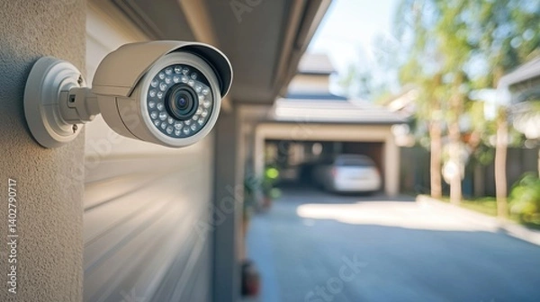 Obraz Home security camera mounted on the wall of a suburban garage for surveillance purposes.