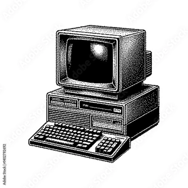 Fototapeta Vintage computer setup with CRT monitor and keyboard in retro style