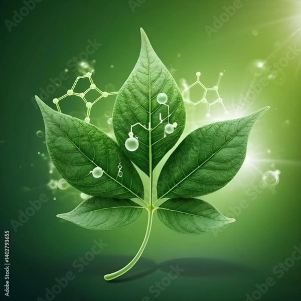 Fototapeta Green Leaf with Molecular Structures