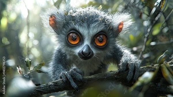 Fototapeta A curious lemur with large, expressive eyes in a lush forest.