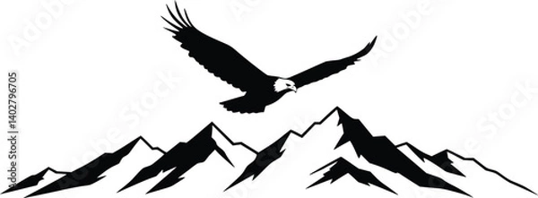 Fototapeta Silhouette of an eagle soaring over jagged mountains, symbolizing freedom, strength, and natural majesty