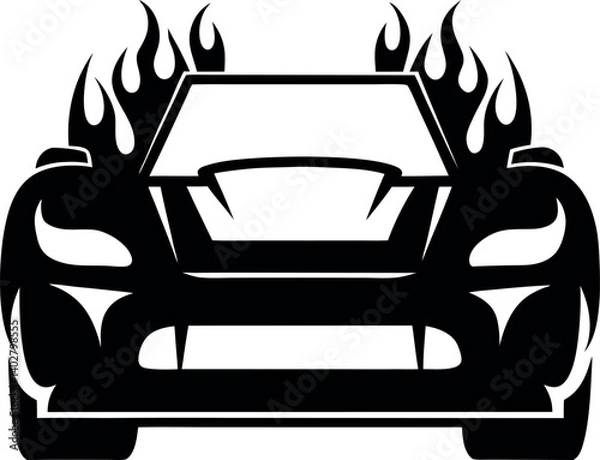 Fototapeta Front view of a sleek car vector with flames in black and white