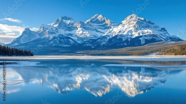 Fototapeta Snow capped mountains reflecting perfectly in a tranquil body of water
