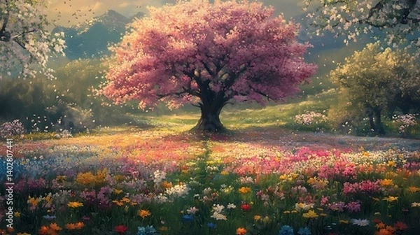 Fototapeta A flourishing tree in full bloom standing in the middle of a meadow filled with wildflowers