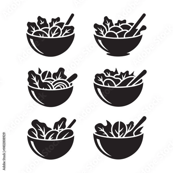 Fototapeta  Monochrome vector illustration of assorted salad bowls with text, minimal black and white healthy food concept for menu, restaurant, and nutrition themed designs