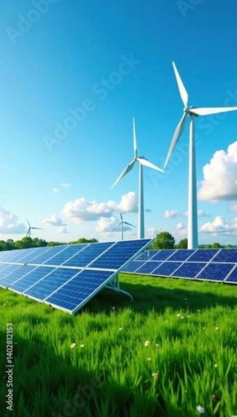 Obraz Solar panels and wind turbines in a green energy power station with a blue sky background, sustainable energy , wind turbine, power generation